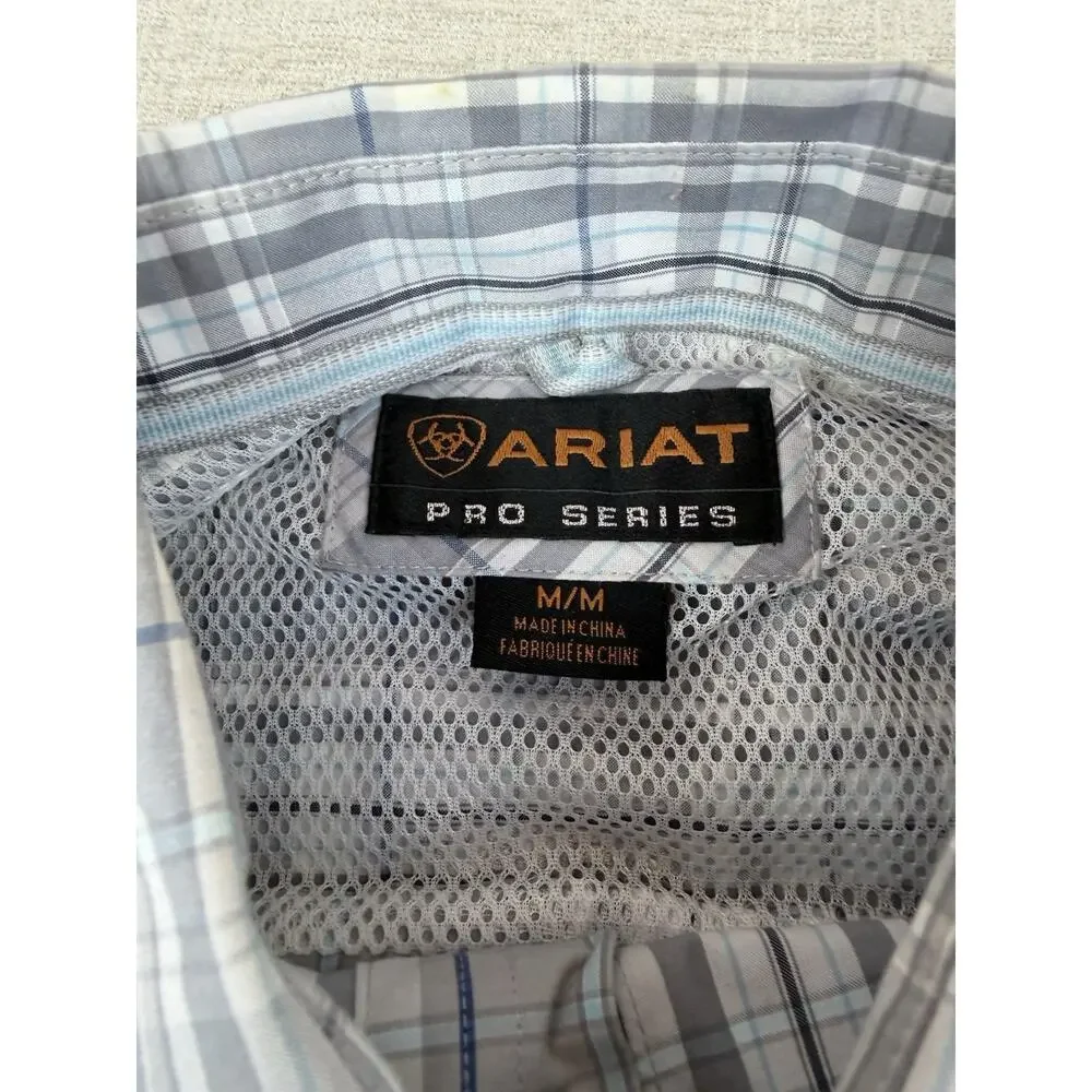 Ariat Pro Series Western Shirt Men’s Medium Gray Plaid Pearl Snap Long Sleeve
